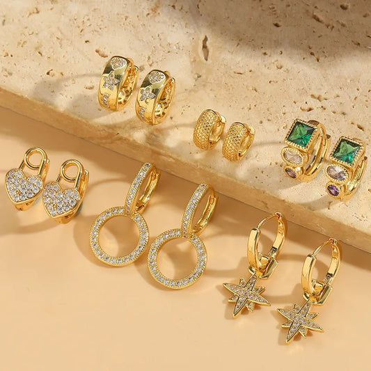 Elegant Shape Inlay Copper Zircon 14K Gold Plated Earrings