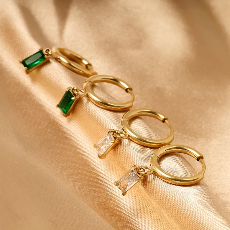 Retro Geometric White 316L Stainless Steel Zircon Dangling Earrings
