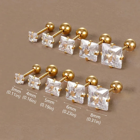 Square Inlay 304 Stainless Steel Zircon 18K Gold Plated Stainless Steel Studs -Medium