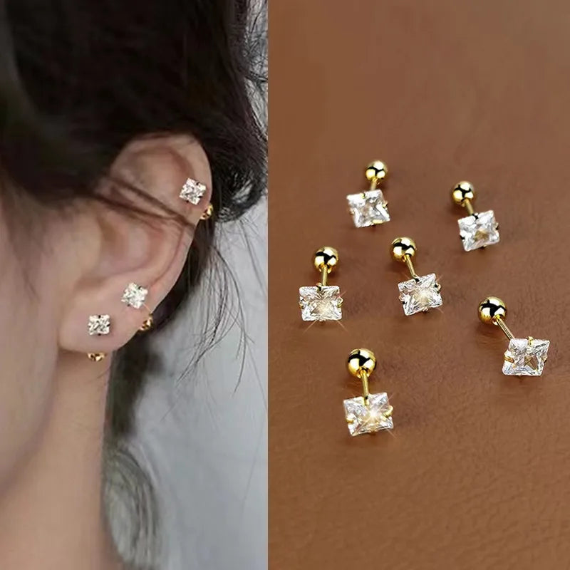Square Inlay 304 Stainless Steel Zircon 18K Gold Plated Stainless Steel Studs -Small