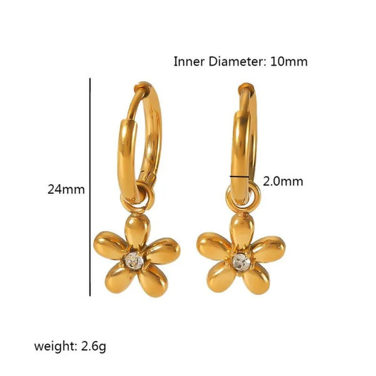 New Pair Flower Stainless Steel Zircon 18K Gold Plated Earrings