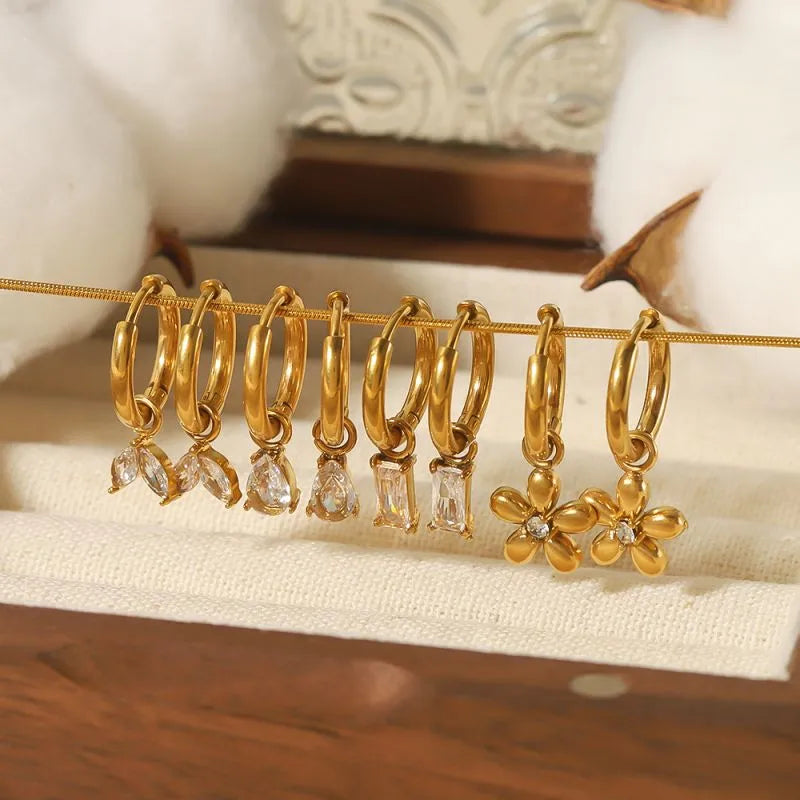 New Pair Flower Stainless Steel Zircon 18K Gold Plated Earrings