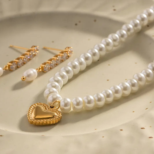 Heart Shell pearls Beaded Plating Heart Shape Pendant Necklace304 Stainless Steel