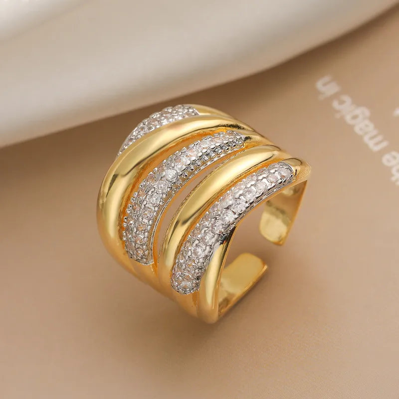 Retro Luxurious Diamond 18K Gold Plated Plating Inlay Open Rings