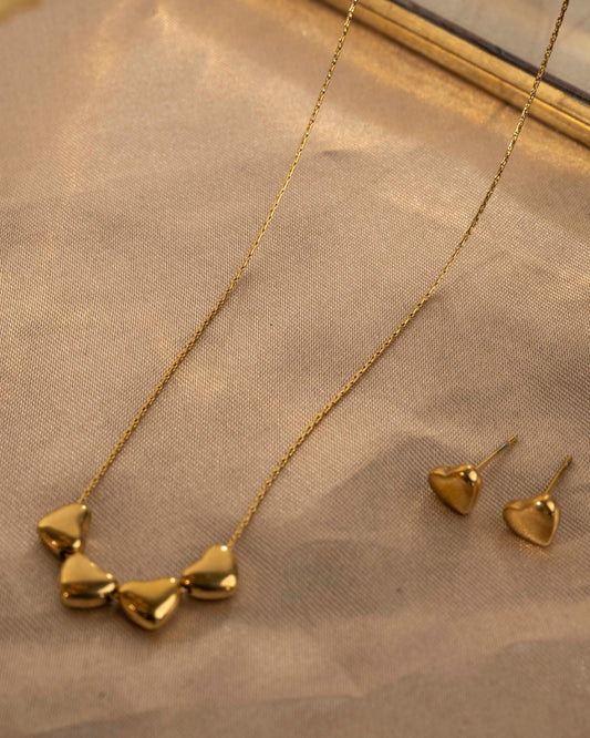Truetarnish 4 hearts 18k Gold plated Necklace with Ear stud 📐