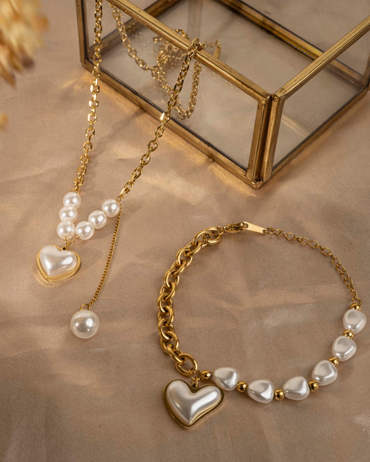 Elegant Heart Shape 304 18K Gold Plated Beaded Pearl Plating Bracelets Necklace Jewelry Set