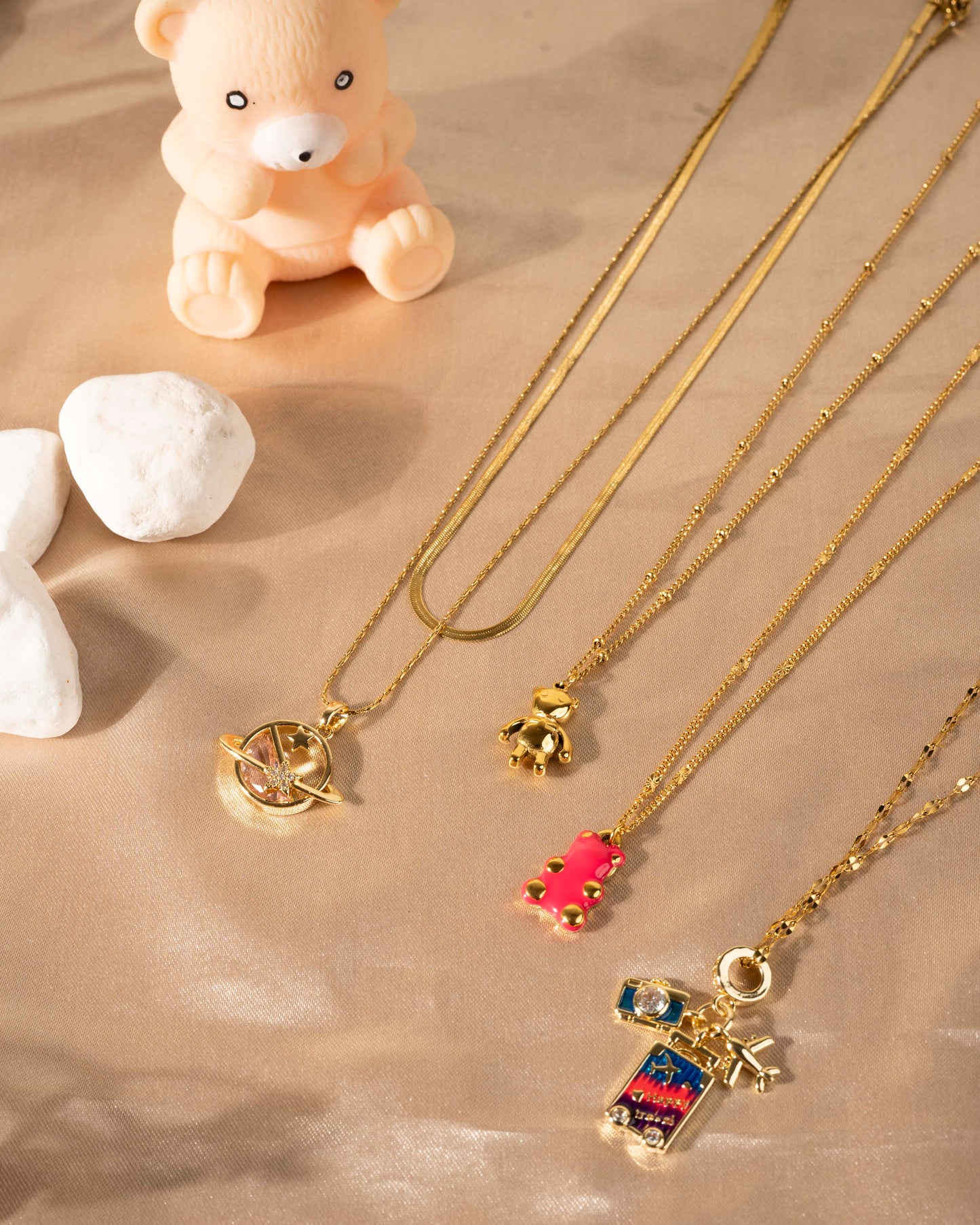 Pink Teddy bear Gold Necklace - Kids