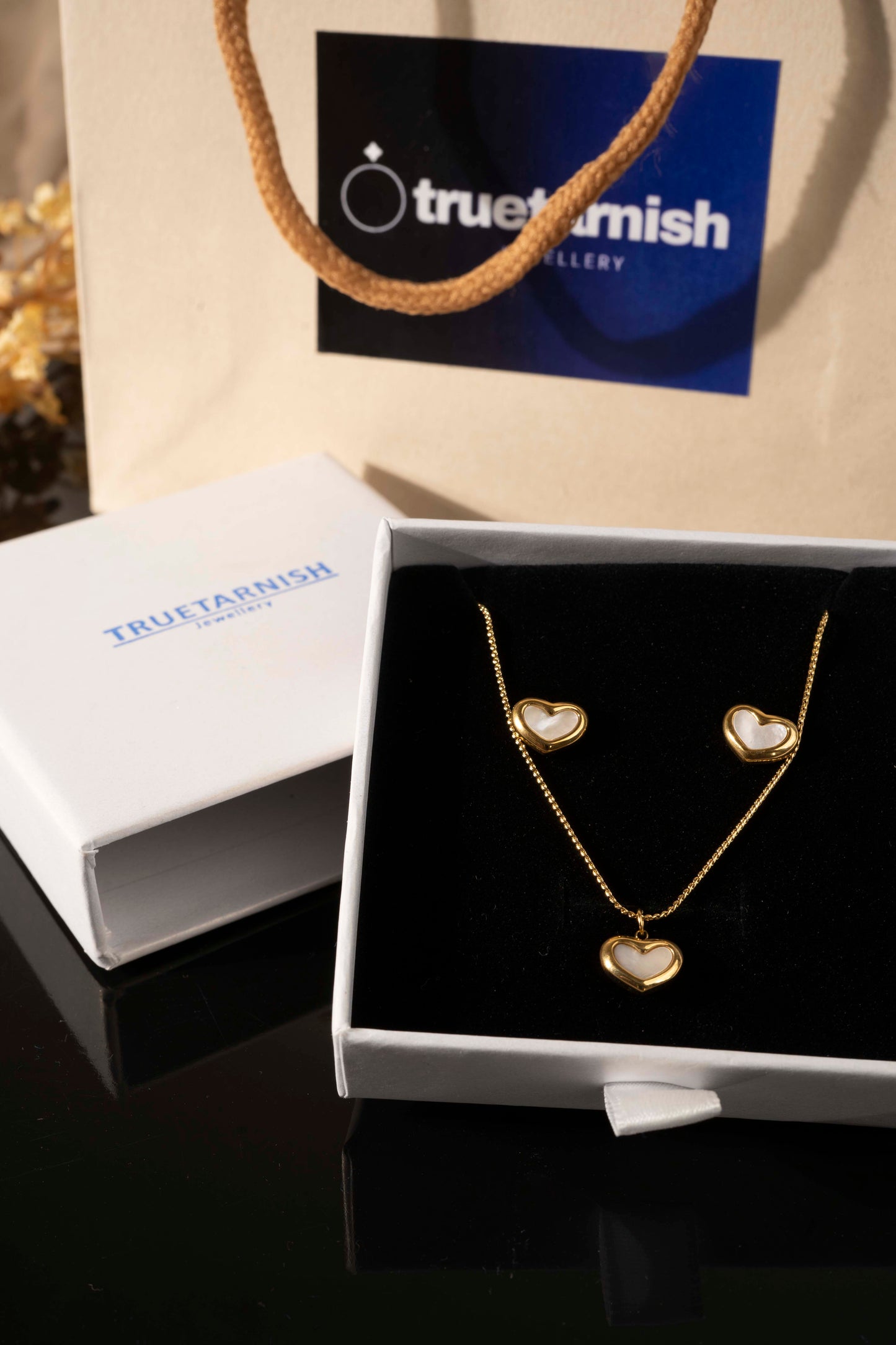 Truetarnish French Classic Heart Shape 18K Gold Plated Necklace with Earrings