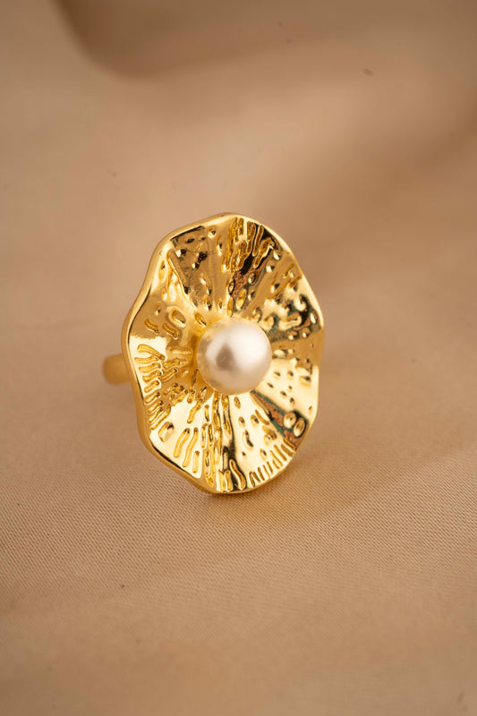 Copper 8K Gold Plated Geometric Artificial Pearls Open Rings