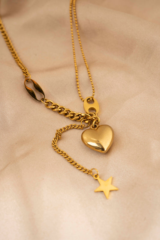 18K Gold Plated Vintage Style Heart & Star Layered Necklaces