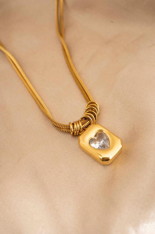 Vintage Style Squear Heart diamond Shape 304 Titanium Zircon 18K Gold Plated Pendant Necklace