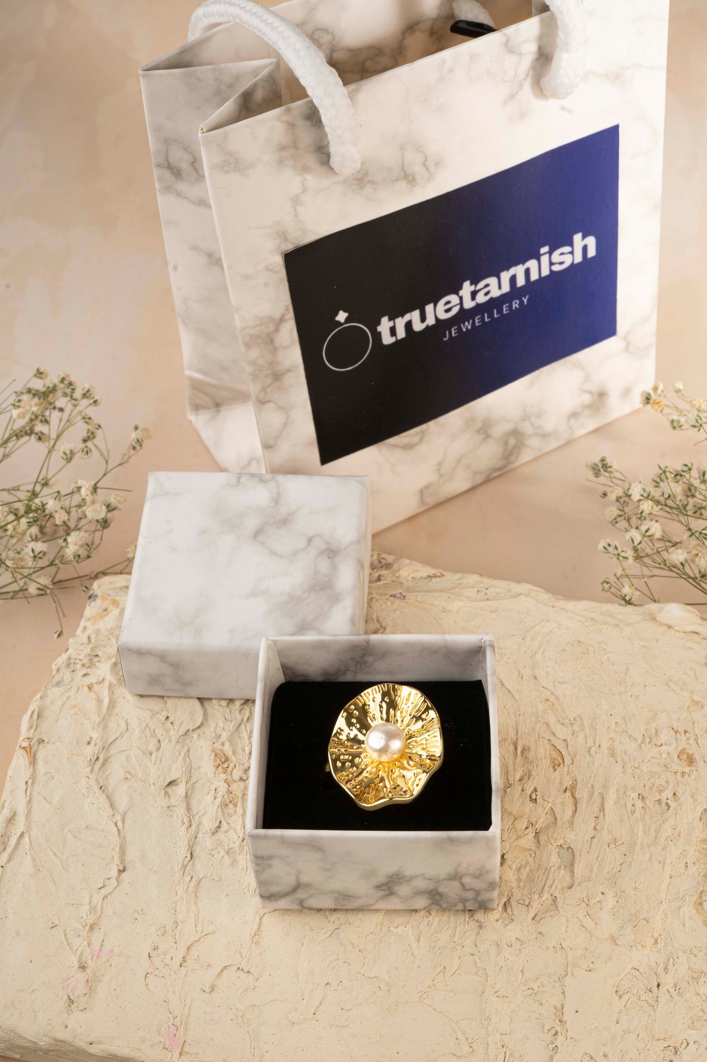 Copper 8K Gold Plated Geometric Artificial Pearls Open Rings