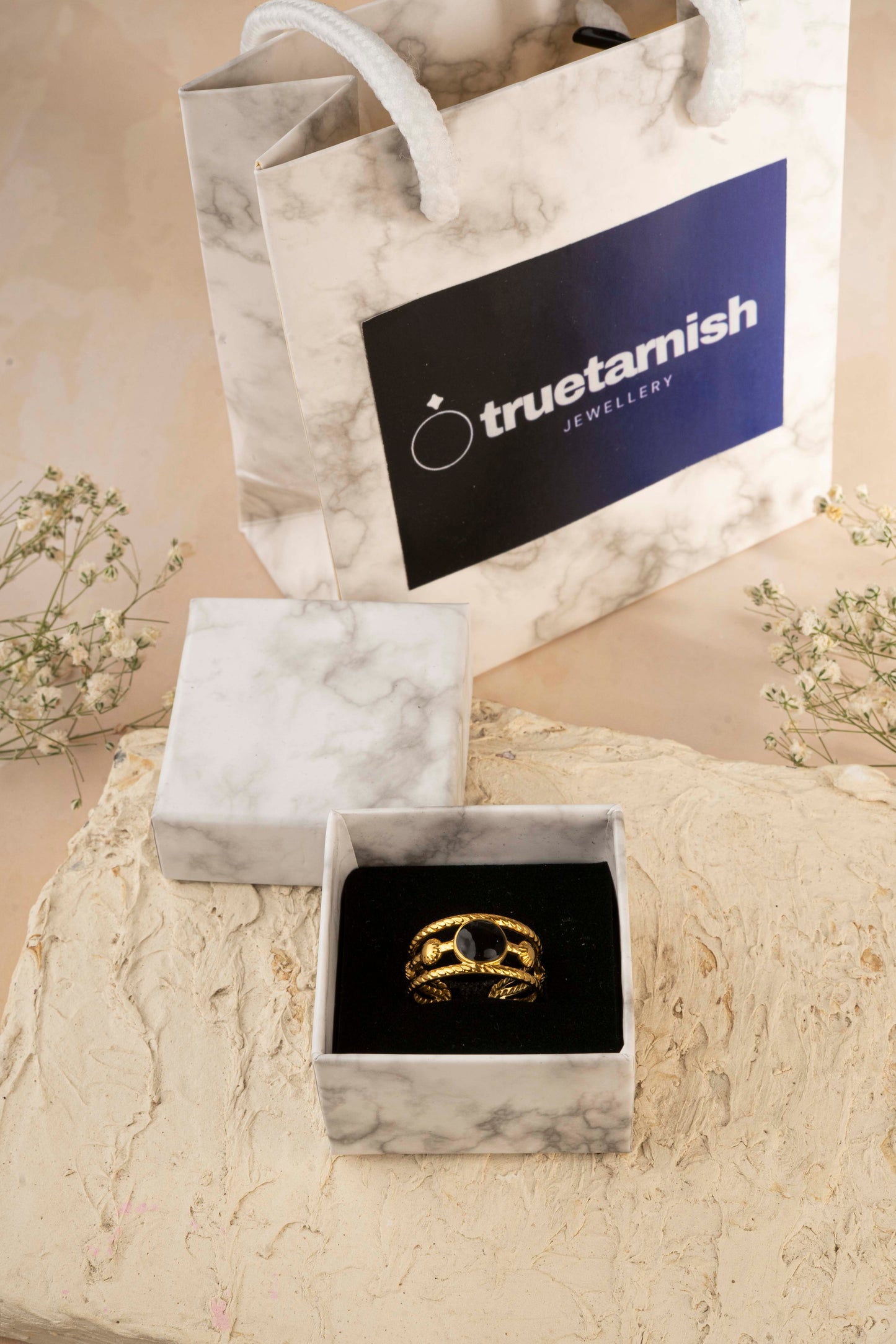 18k Gold Plated Inlay Open Rings - Black dot