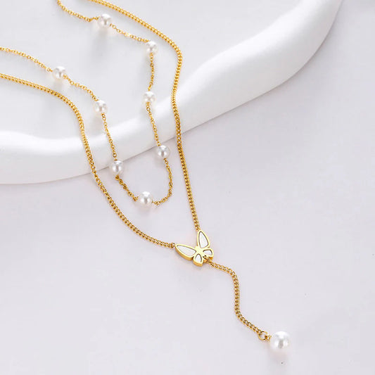 Truetarnish Butterfly Pearl Layer Necklace