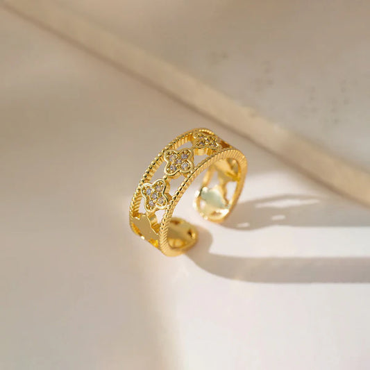 Diamond 4 leaf Gold plated New finger ring - Adjustable