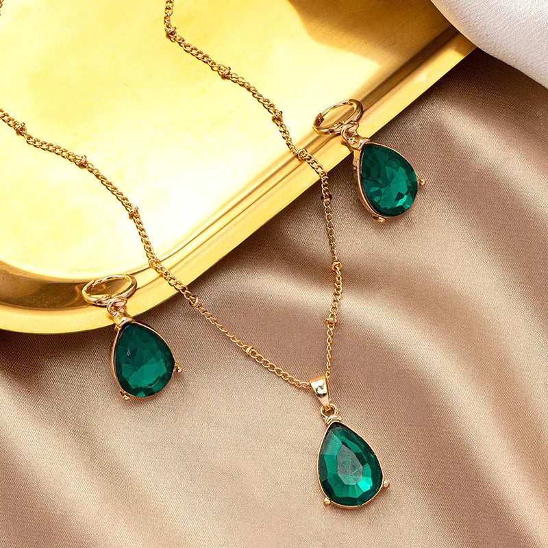 Elegant Retro water droplets alloy women's earrings necklace Set - Green