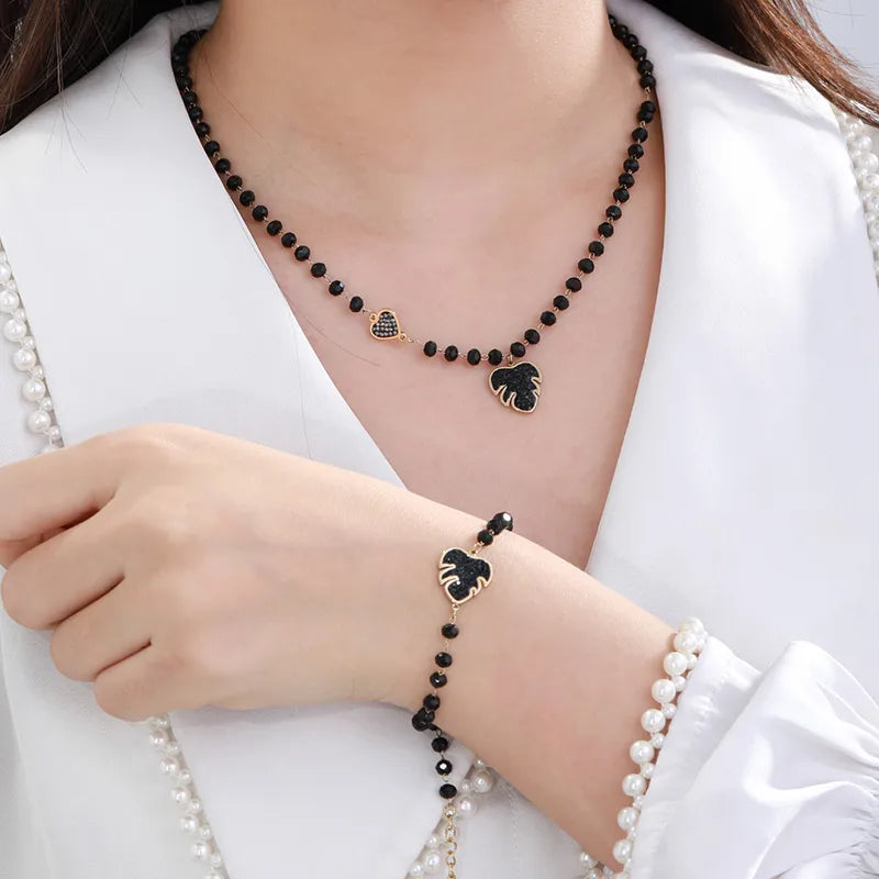 Indian Black Leaf Shape 304 Stainless Steel Beaded 18K Gold Plated Women's Bracelets Necklace Set