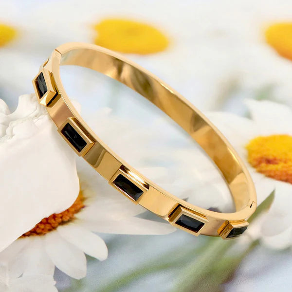 Gold Plated 4 Leaf Bangle Rectangular Black diamonds