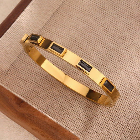 Gold Plated 4 Leaf Bangle Rectangular Black diamonds