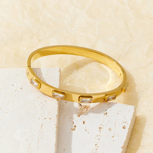 Gold Plated 4 Leaf Bangle Rectangular diamonds