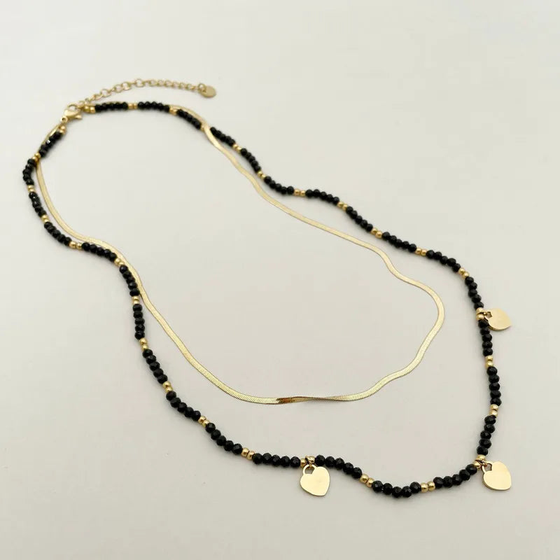 Indian Black double layer 304 Stainless Steel Crystal Beads Gold Plated Plating Stainless Steel Necklaces