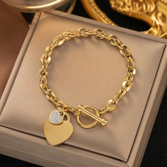 New with Charm Style Heart Shape 304 Stainless Steel 18K Gold Plated Art-Rhinestones Regular Chain Bracelets