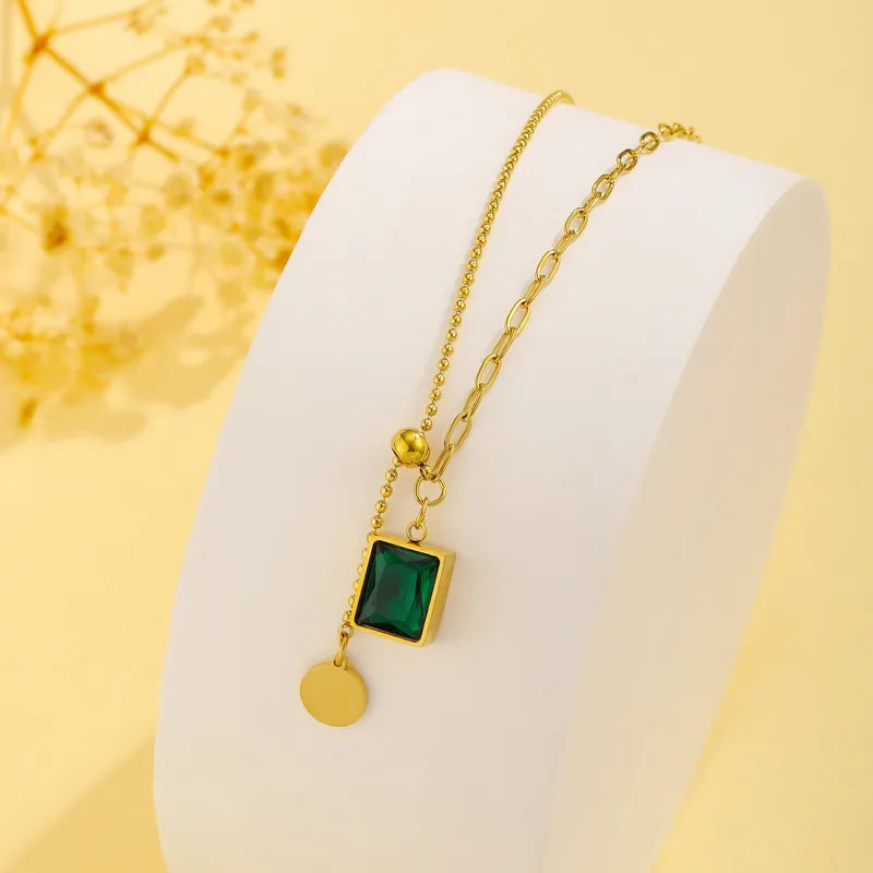 Titanium Steel 18K Gold Plated Elegant Lady Plating Geometric Pendant Necklace - Green