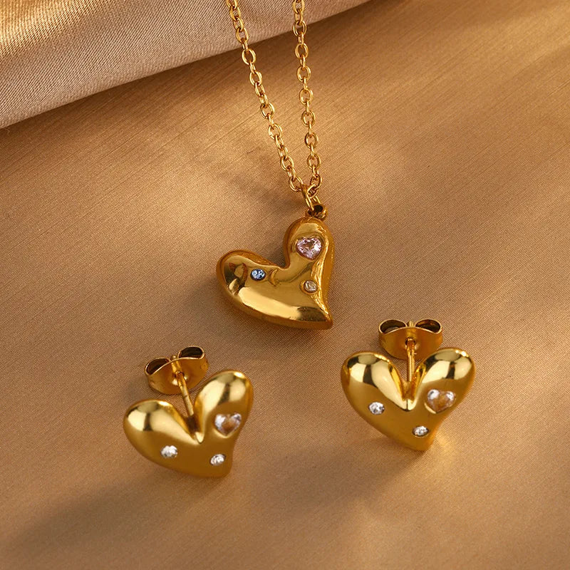 Truetarnish New Sweet Heart Shape Bow Knot 304 Stainless Steel 18K Gold Plated Earrings Necklace Set