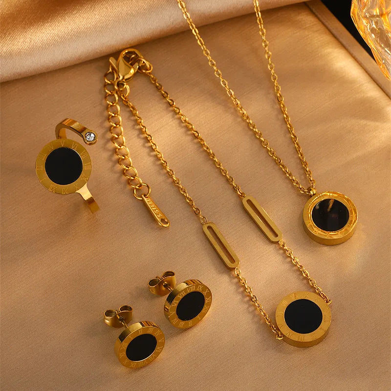 Indian Black 18K Gold Plated 304 Stainless Steel Earrings Necklace Bracelet Ring Set