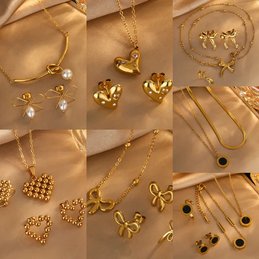 Truetarnish New Sweet  Heart Shape Bow Knot 304 Stainless Steel 18K Gold Plated Earrings Necklace  Set