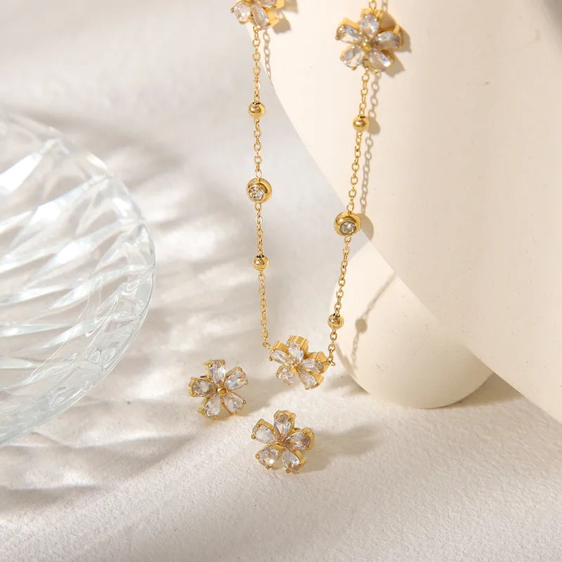 New Commute Flower 304 Stainless Steel Zircon 18K Gold Plated Jewelry Set