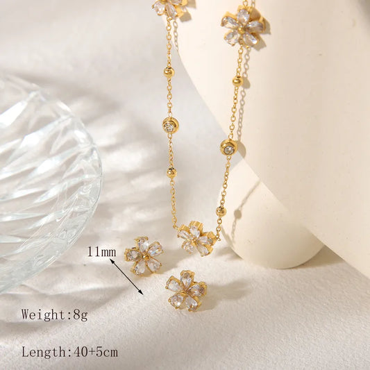 New Commute Flower 304 Stainless Steel Zircon 18K Gold Plated Jewelry Set