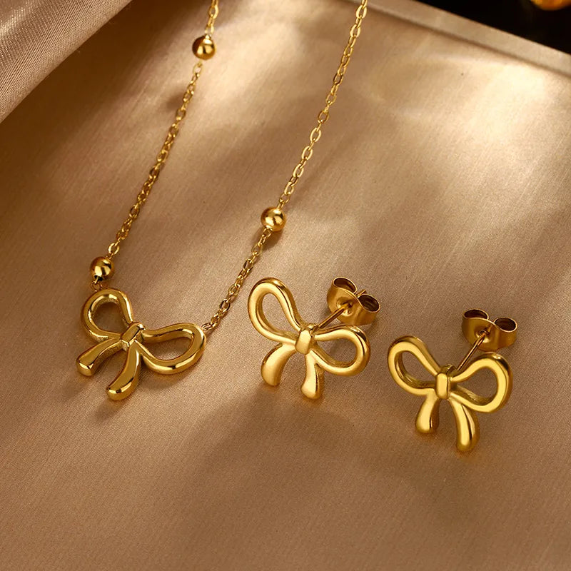 Streetwear Bow Knot 304 Stainless Steel 18K Gold Plated Necklace Set
