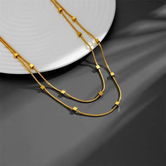 New Vintage Titanium Square Steel 18K Gold Plated Plating Inlay 2 Layer Necklace