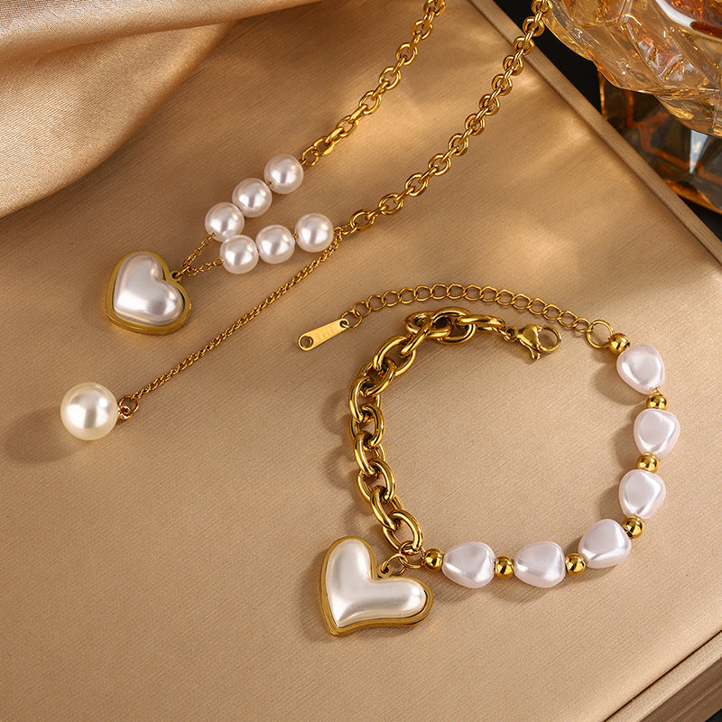 Elegant Heart Shape 304 18K Gold Plated Beaded Pearl Plating Bracelets Necklace Jewelry Set