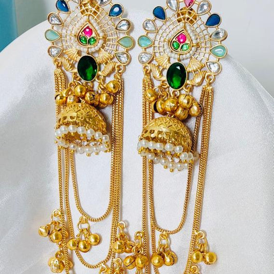 Gold plated Kashmiri earings with artificial multi color stones