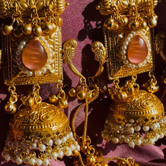 SHY Kashmiri Jhumka Golden Ghungroo with Peach stone