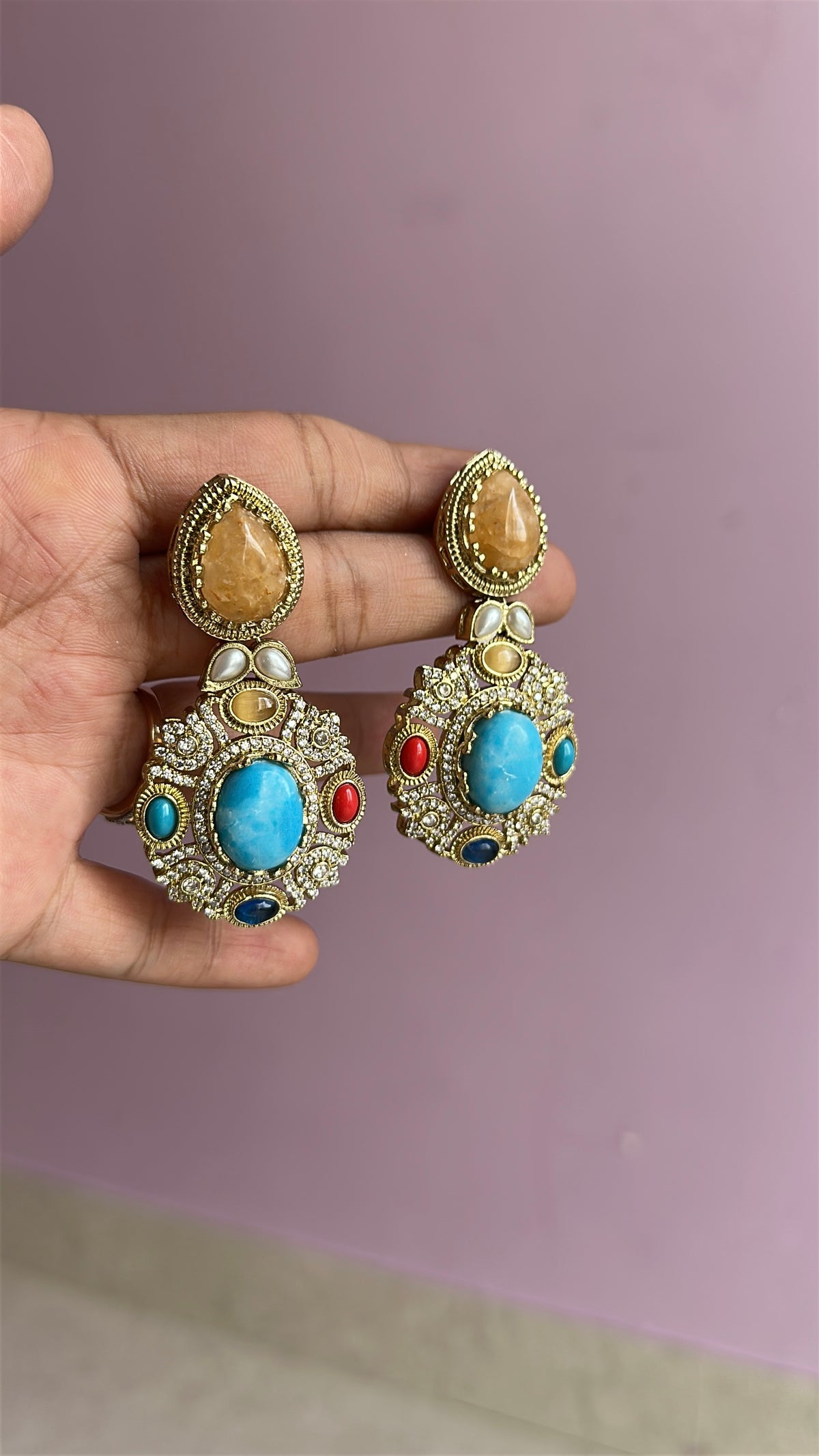 Gold plated south asian kashmiri earrings Blue and Green