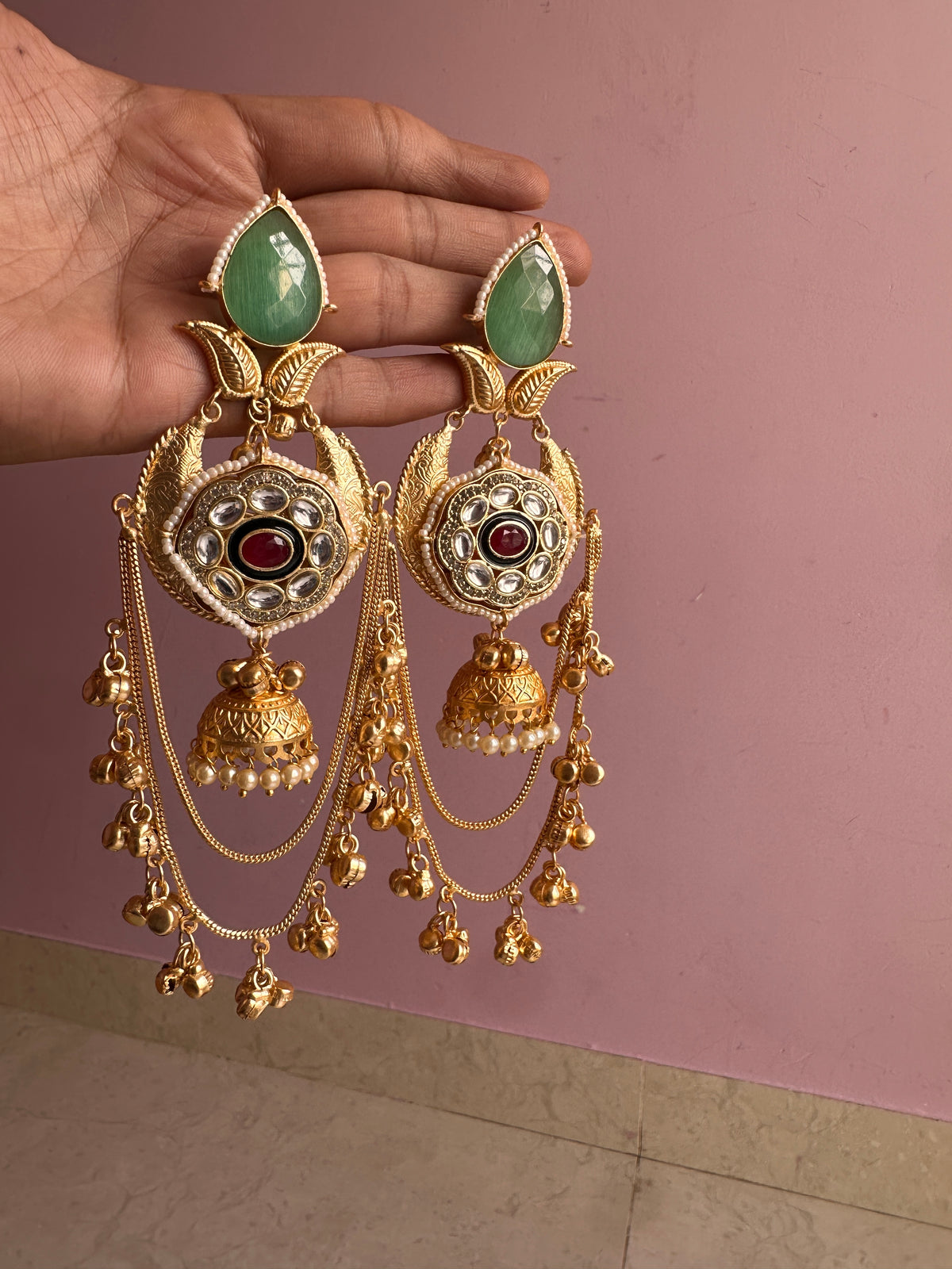 Gold plated south asian kashmiri earrings green and 💚