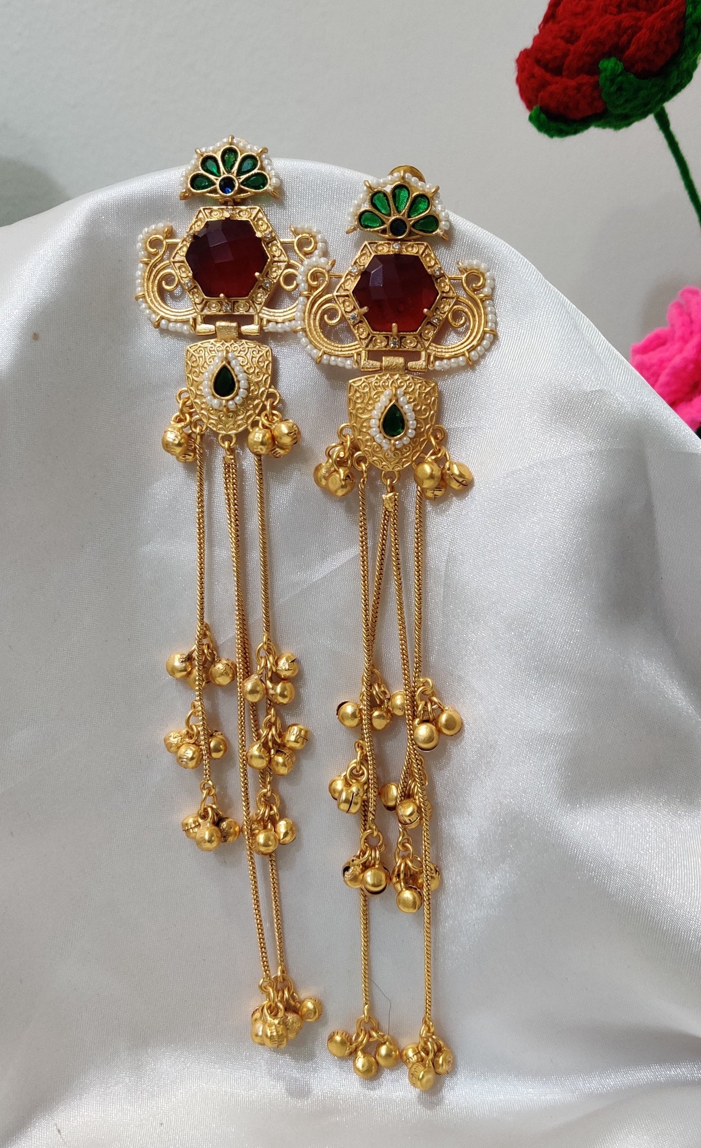 Gold plated Kashmiri earings with artificial red stones
