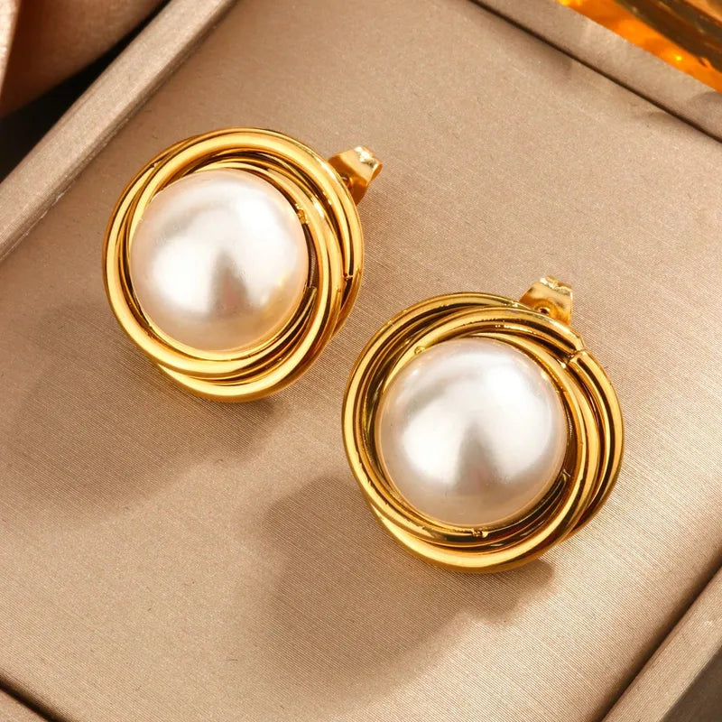 Elegant Baroque Style Round Heart Pearl Plating Inlay 304 Stainless Steel 18K Gold Plated Studs