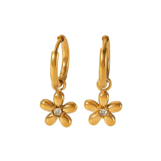 New Pair Flower Stainless Steel Zircon 18K Gold Plated Earrings