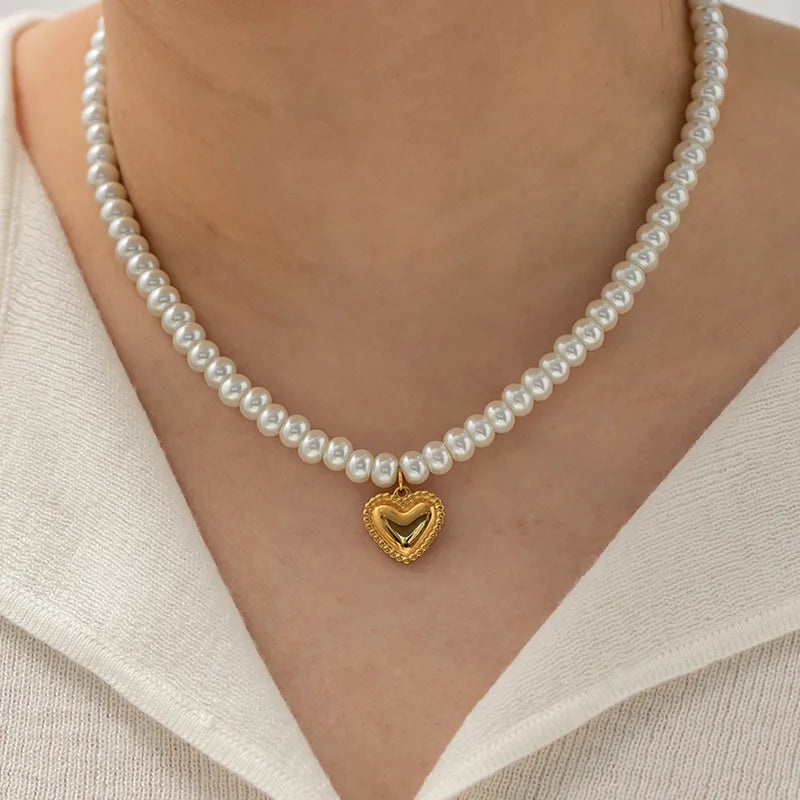Heart Shell pearls Beaded Plating Heart Shape Pendant Necklace304 Stainless Steel