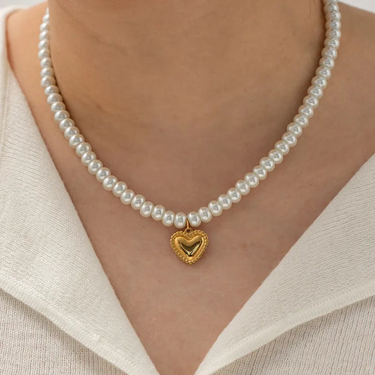 Heart Shell pearls Beaded Plating Heart Shape Pendant Necklace304 Stainless Steel