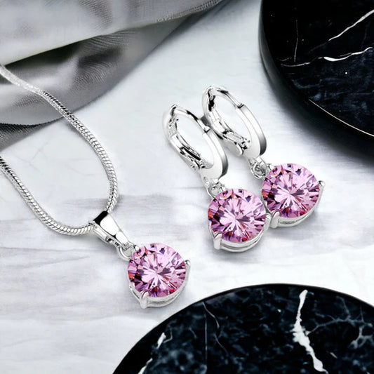 Truetarnish Anti-Tarnish Pink Crystal Necklace & Earring silver set