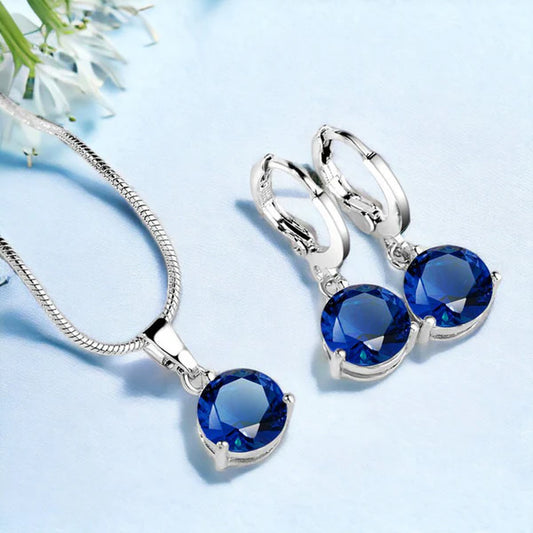 Truetarnish Anti-Tarnish Blue Crystal Necklace & Earring silver set