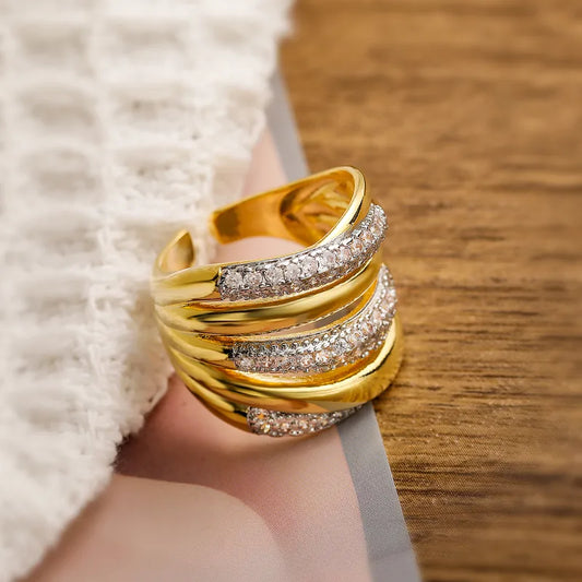 Retro Luxurious Diamond 18K Gold Plated Plating Inlay Open Rings
