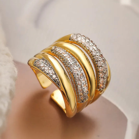 Retro Luxurious Diamond 18K Gold Plated Plating Inlay Open Rings