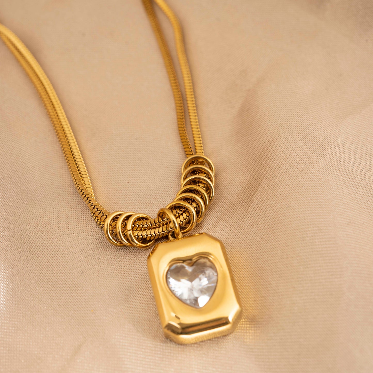 Vintage Style Squear Heart diamond Shape 304 Titanium Zircon 18K Gold Plated Pendant Necklace