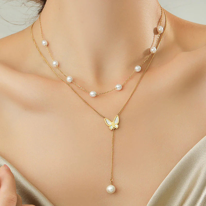 Truetarnish Butterfly Pearl Layer Necklace